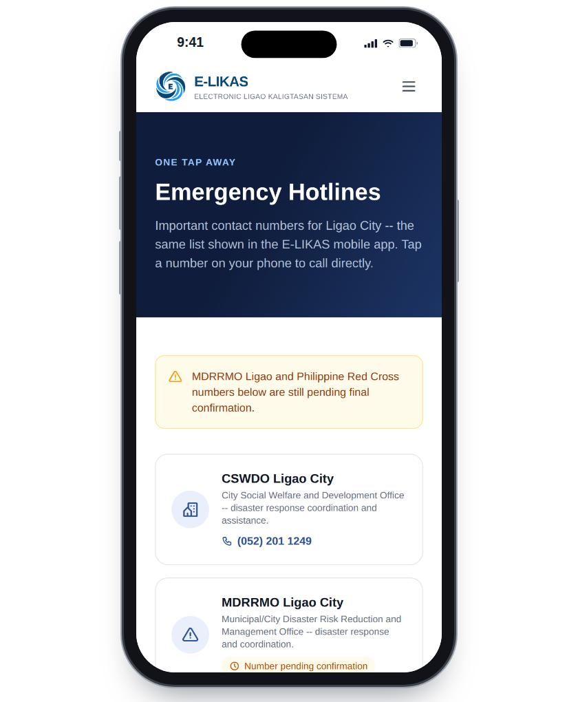 The E-LIKAS emergency hotlines page on a phone